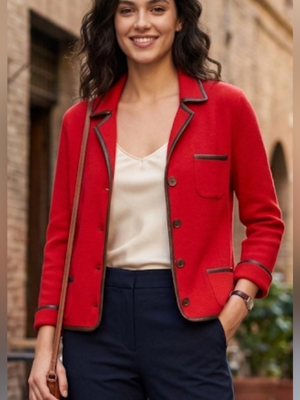 MORGANO Red Knit Lady Jacket with Brown Faux Leather Trim Sz 44 / US 8–10